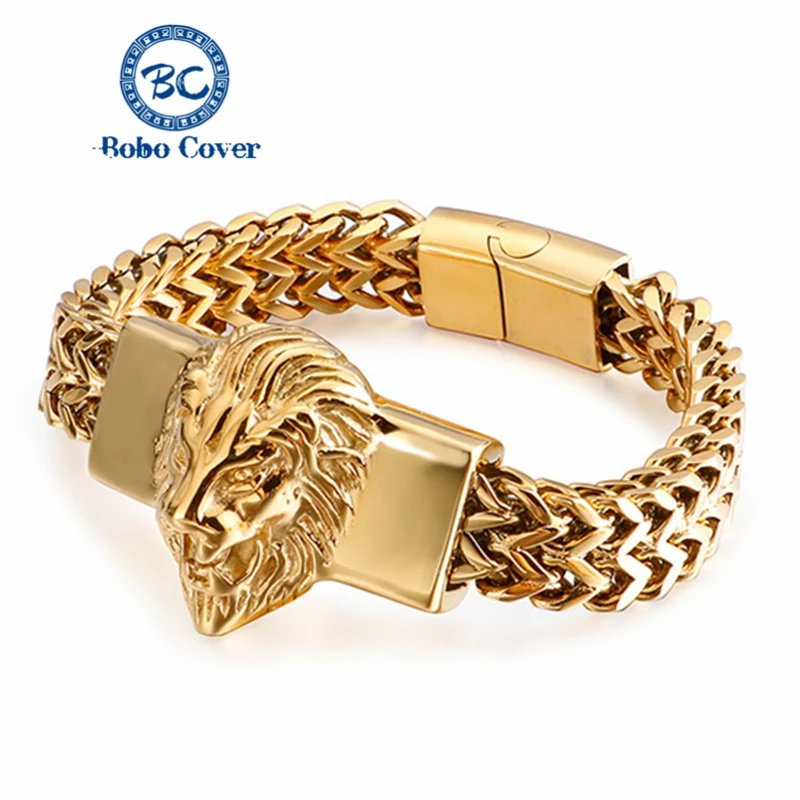 Lion King charm Bracelet Men Stainless Steel Gold Lion Head Bracelets Men's Wristband Fashion Jewelry friendship gifts wholesale