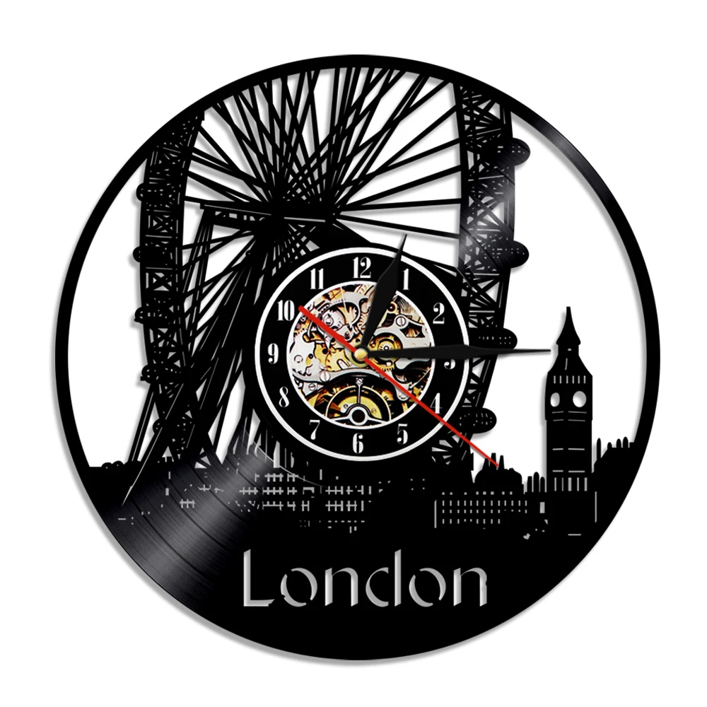 

London Eye Skyline Vinyl Record Wall Clock Big Ben Ferris Wheel Building Home Decor England Cityscape Great Britain Travel Gift
