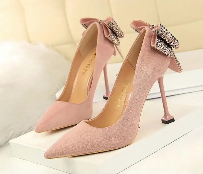 

Nice Spring Summer New Women Fashion Sexy Bling Bowknot Suede Pointed Toe Super High Heels Shoes Woman Dress Shoes Pumps