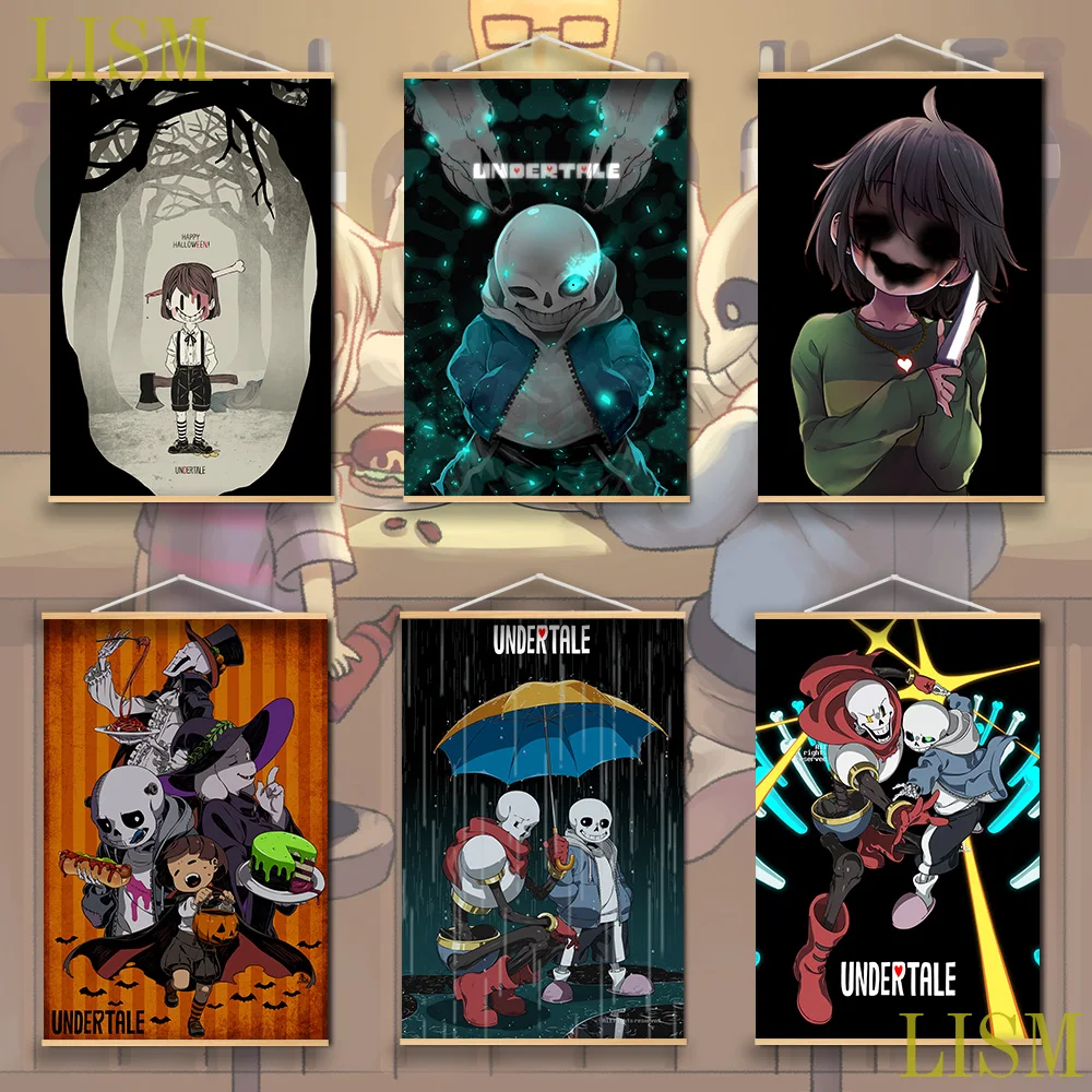

Undertale Sans Frisk Chara Papyrus Anime Poster manga picture with solid wood hanging scroll with canvas painting