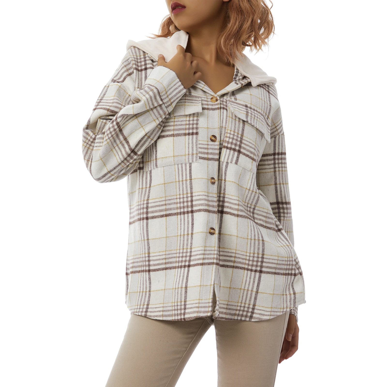 

Women Hooded Shirt Jacket Button-down Long Sleeve Lapel Cardigan Casual Plaid Hoodies Blouses Autumn Plus Size Oversized Outwear