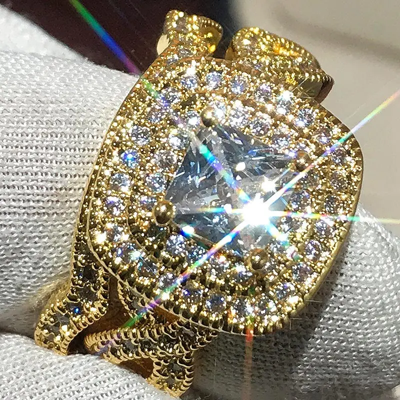 

USTAR 2pcs/set Luxury wave lovers rings for women men wedding jewelry shiny Cubic Zirconia gold finger engagement rings female