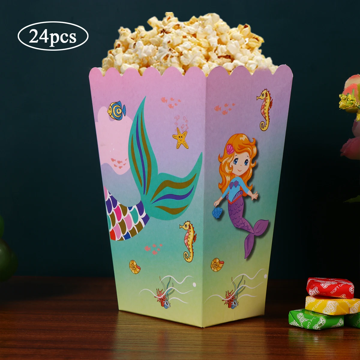 24 шт бумажные коробки для попкорна красочный принт русалки Попкорн Снэк боксы