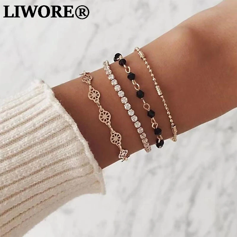 

Liwore Bohemian Gold Bracelet Set For Women Multilayer Black Beaded Bracelet Chain Link Armband Girl Crystal Bracelet Jewelry