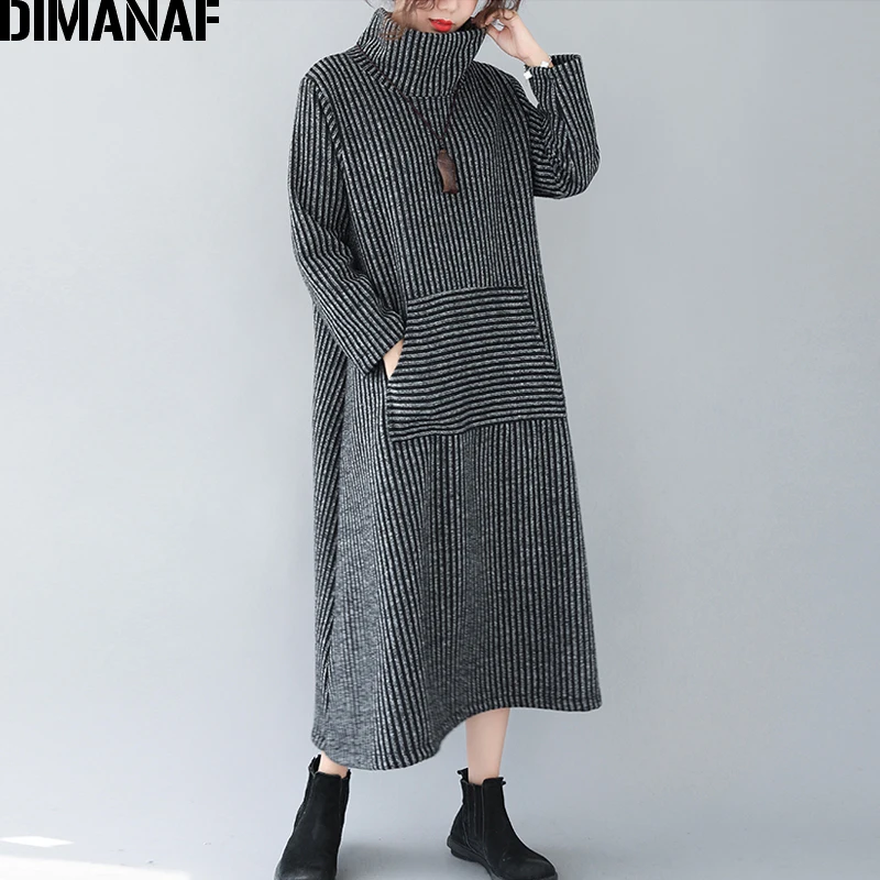DIMANAF размера плюс зимнее женское платье винтажное в полоску из плотного хлопка
