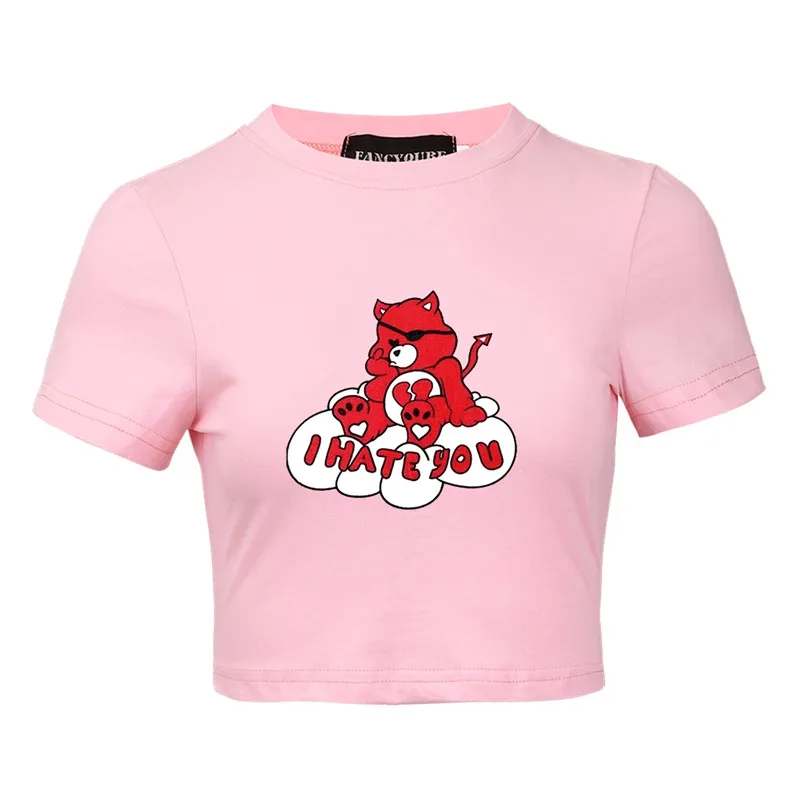 

I HATE YOU Cute Red Bear Print T-Shirt Women Short Sleeve Casual Top Tshirt Femme O-neck Crop Tops Basic Tee Shirts-W102174