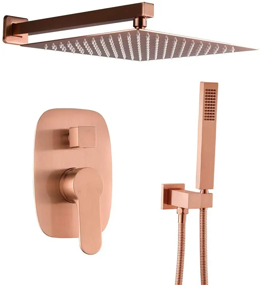 

Hongdec Wall Mount Luxury Brass Rose gold Rainfall Shower System mixer with 10" Rain Shower head set