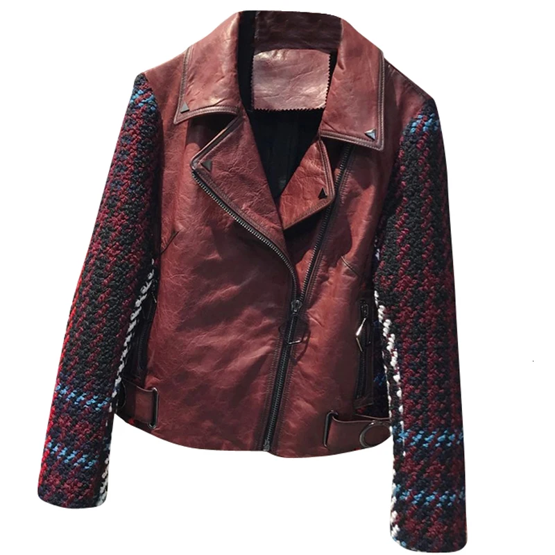 

2020 Top Fashion Brand Real Leather spliced Jacket Women Sheepskin Coats Genuine Leather Motor Biker Jackets Zipper Overcoats