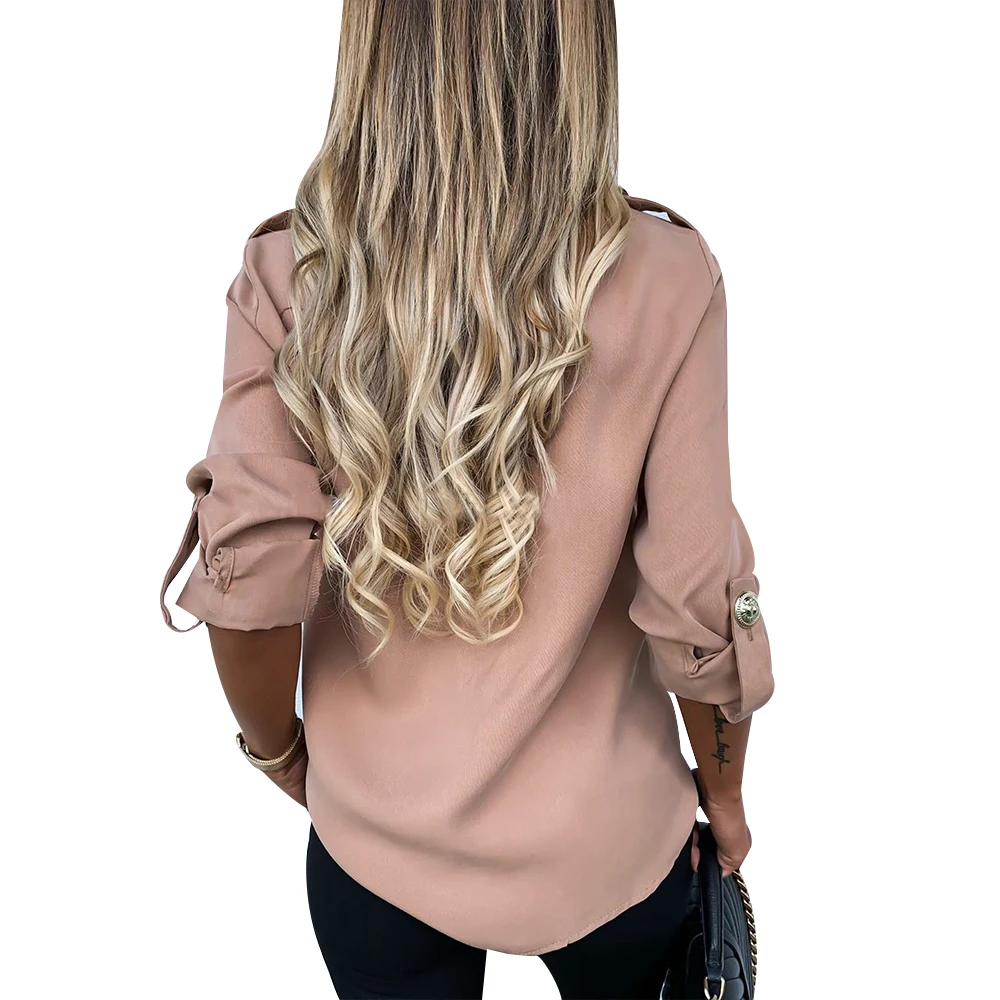 Модная женская рубашка с длинными рукавами сплошной цветной лацкан карманами на