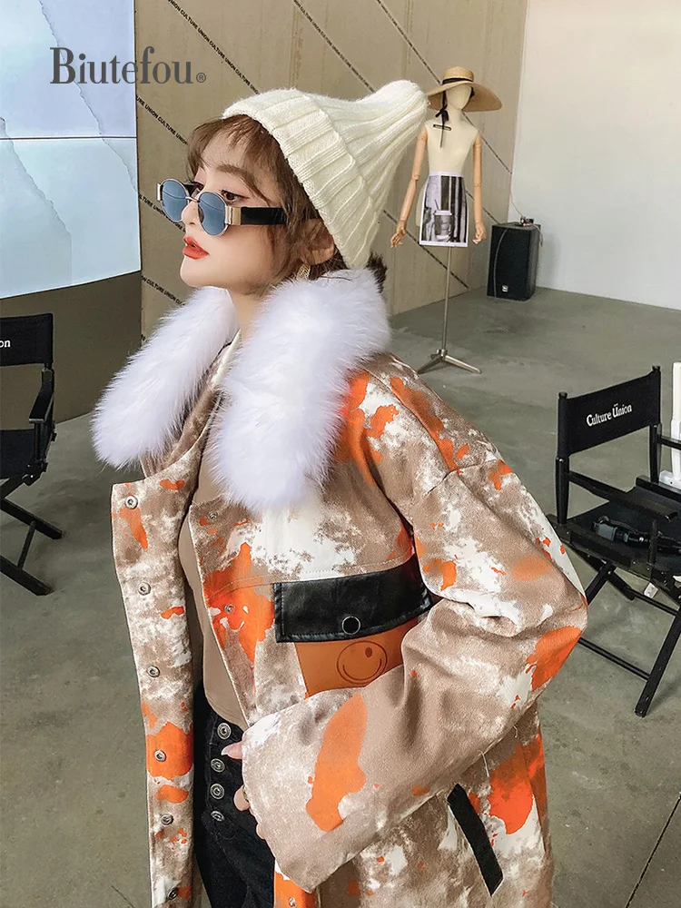 

2021 Winter Women Long Loose Beading Velvet Multicolor Fur Collar Hooded Parka