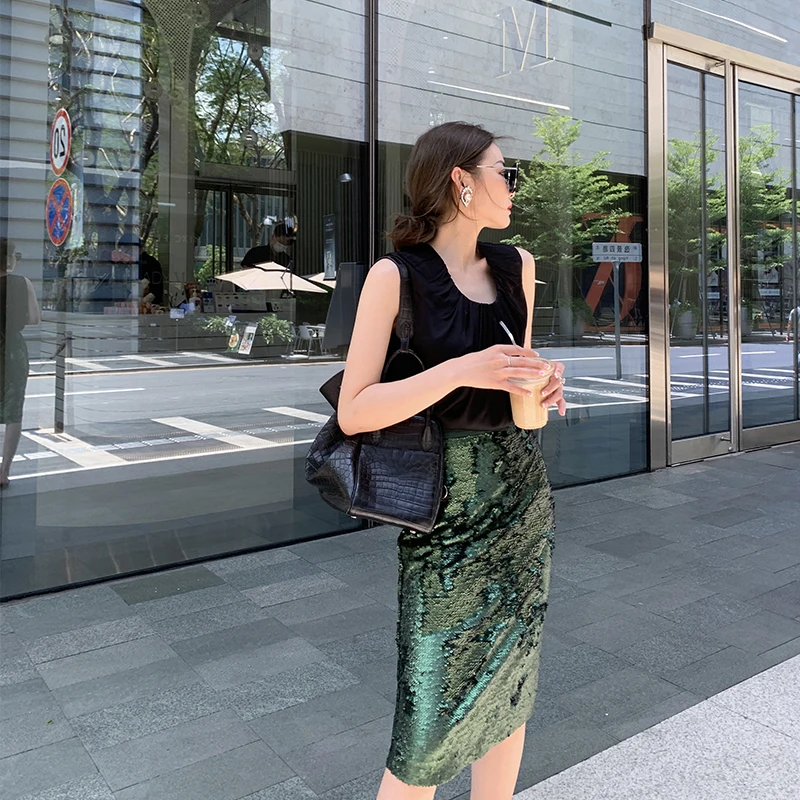 High-waist Fashion Sparkling Double-sided Sequin Skirt Autumn Winter Slim Fit Hip Wrap Dress Party Elegant Women Green Skirts | Женская