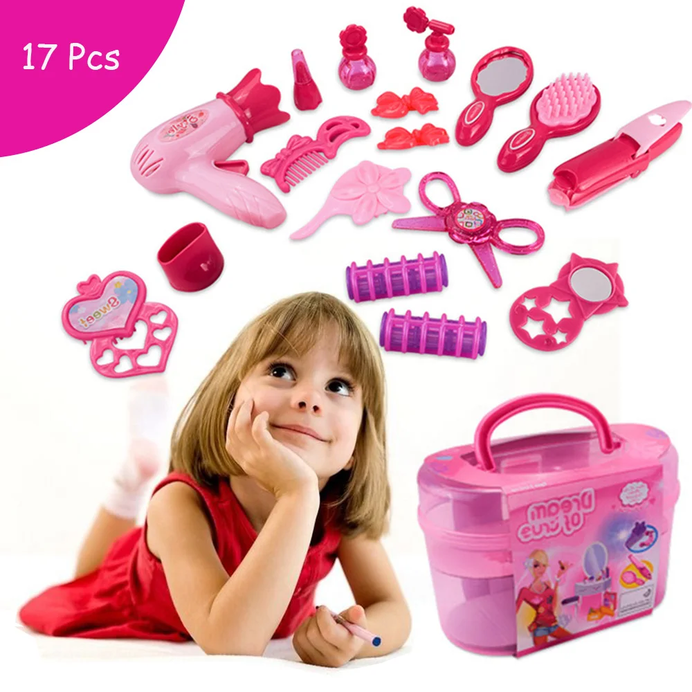 

17PCS Pretend Play Kids Make Up Toys Pink Makeup Set Princess Hairdressing Simulation Plastic Toys For Girls Dressing Cosmetic