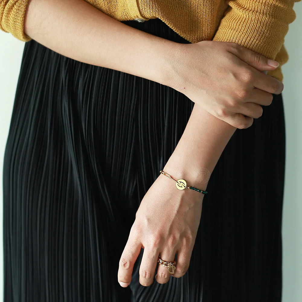 

12 Zodiac Sign Constellation Charm Bracelet for Women Men Gold Stainless Steel Rolo Box Chain Green Faceted Beads DB293