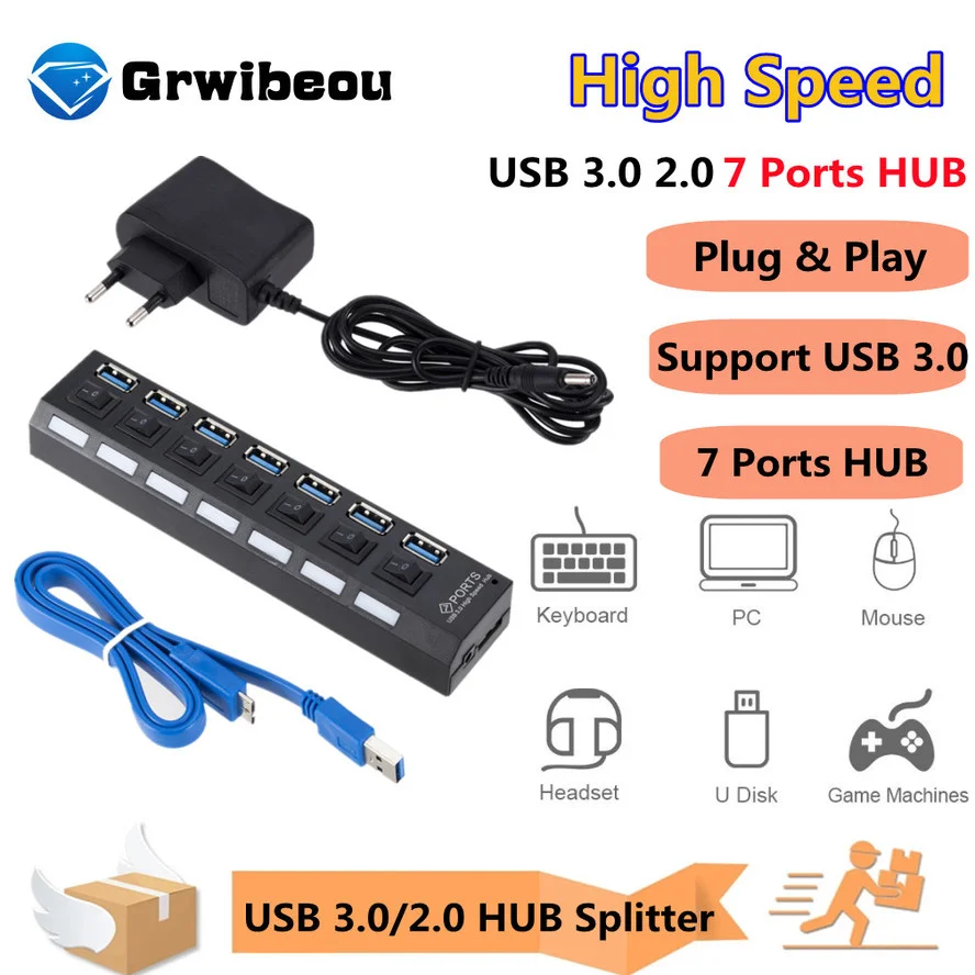 

GRWIBEOU USB 3.0 Hub Multi USB Splitter 3 Hab Use Power Adapter 7 Port Multiple Expander USB 2.0 Hub with Switch For PC Computer