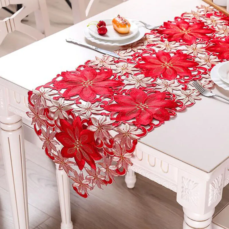 

Embroidered Table Runners For Christmas Decorations Tablecloth Flower Dining Tea Table Cover Cloth Kitchen Christmas Party Decor