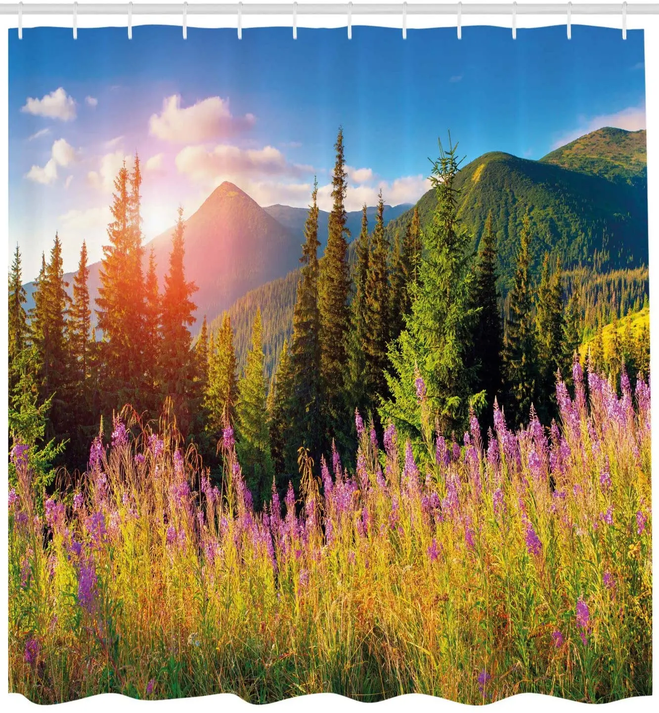 

Green Pink Landscape Shower Curtain Fall Landscape Picture Mountains Flowers Alpine Trees Forest at Sunrise Bathroom Curtain