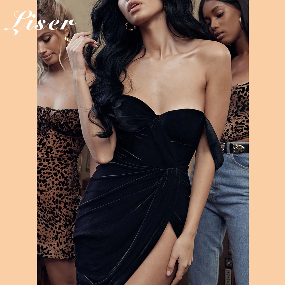 Новинка Весна 2019 женское платье без бретелек бархатное сексуальное облегающее