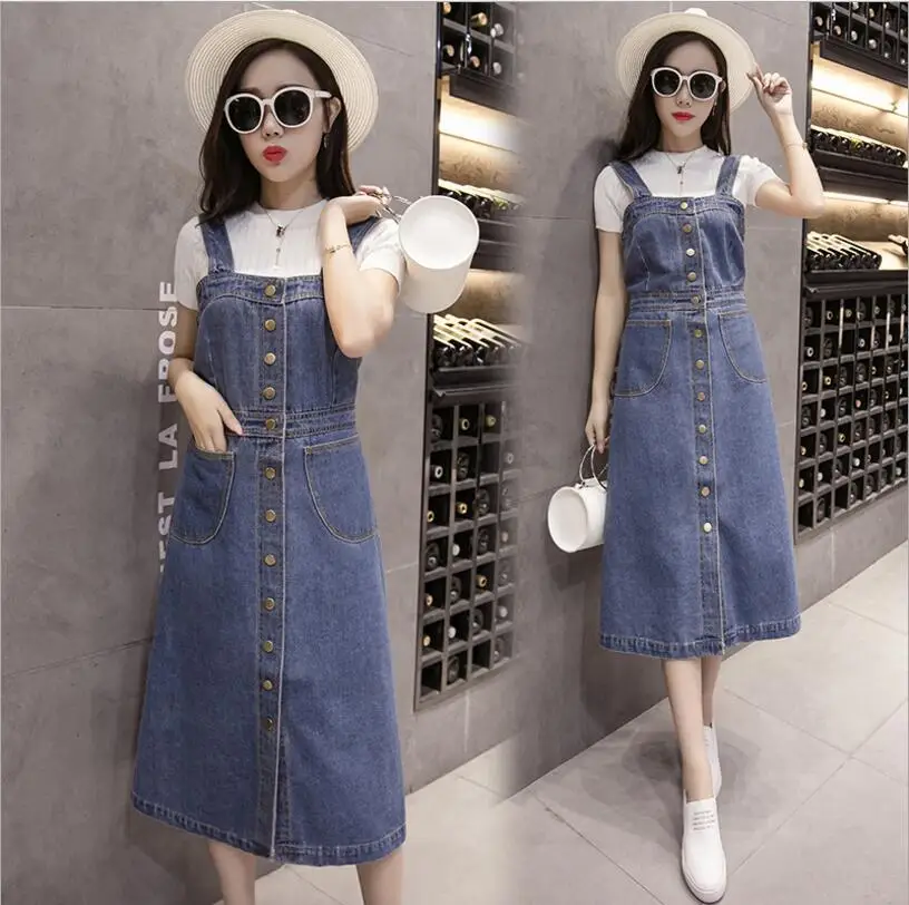 Springtime Woman Plus Size Denim Dress Korean Style Sleeveless Spaghetti Strap Single breasted Button Slim Fit Jeans Sundress|Женские