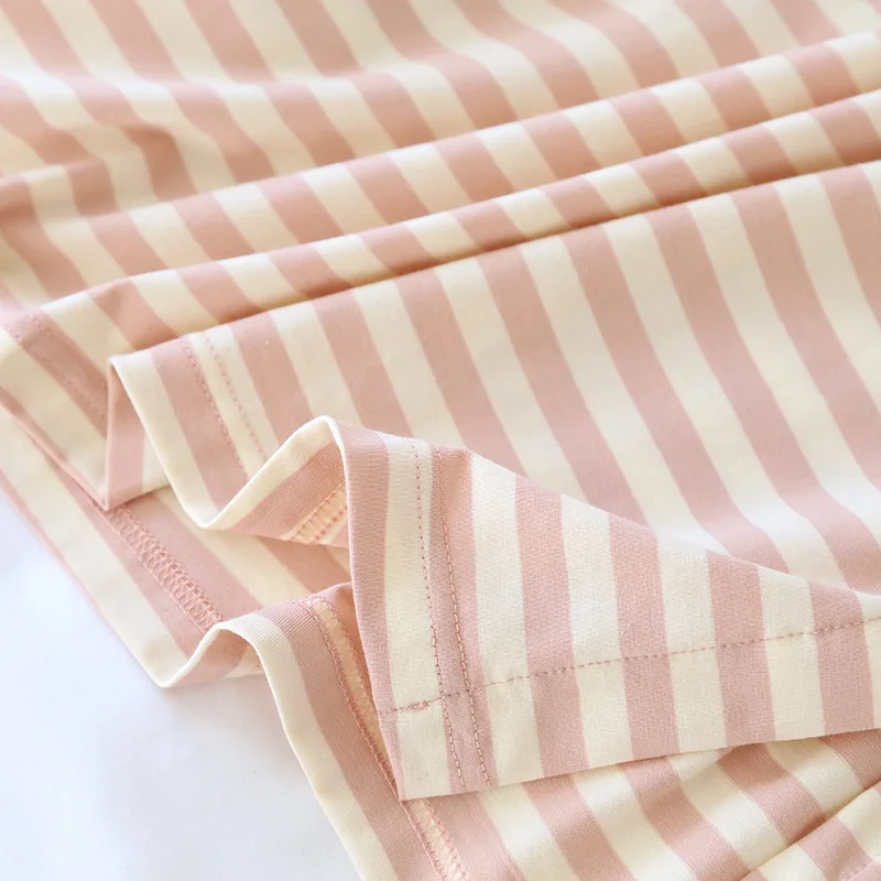 

2021 Ladies Spring And Summer Short-sleeved Nightdress 100% Cotton Plus Size Thin Skirt Striped Short Skirt Home Service Women