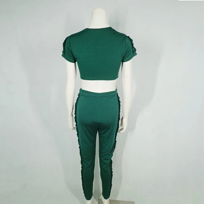 

Women Tracksuit Ruffles Sexy Two Piece Set Sweat Suits O Neck Short Sleeve Crop Tops and Full Length Pencil Pants Club Outfits
