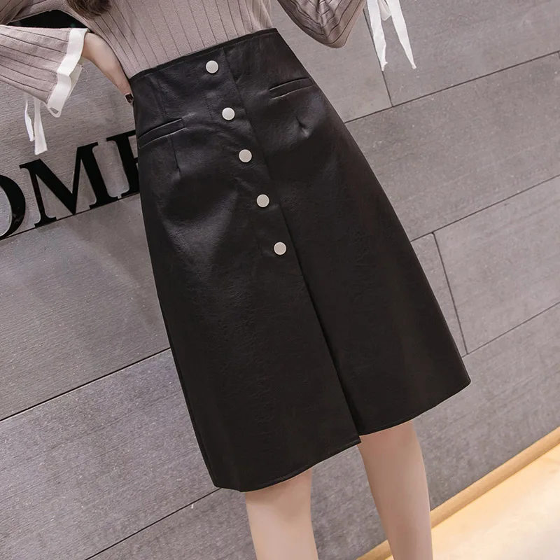 black Корейские однотонные длинные юбки из искусственной кожи для женщин осень зима внешние кнопки щелевая Сексуальная женская Юбка-миди юбка Русалочий хвост - Цвет: black