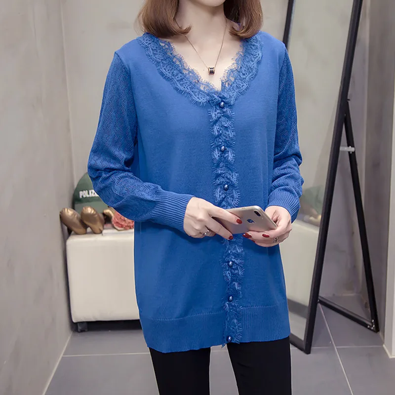 Nkandby V Neck Knitted Pullovers Sweaters Women Autumn Trendy Loose Lace Trim Korean Female Jumpers Bead Knit Tops | Женская одежда