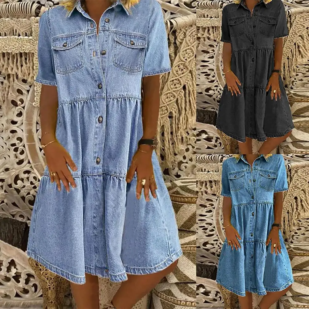 

Retro Women Short Sleeve Turn Down Collar Pocket Button Knee-length Denim Dress