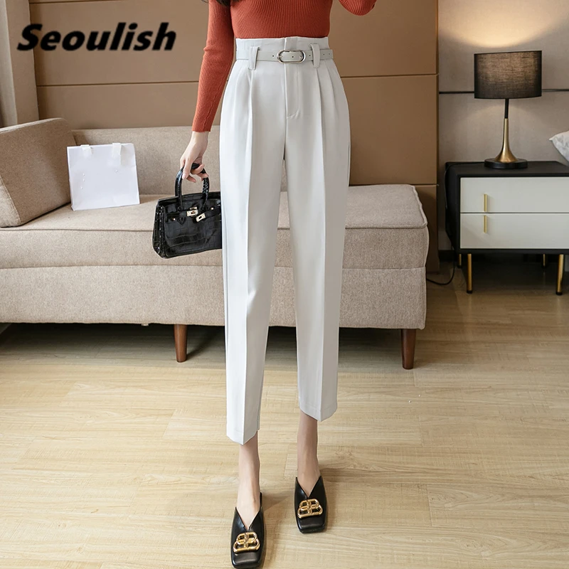 

Seoulish Formal Women's Harem Pants with Belt Spring Summer High Waist Female Workwear Elegant Ankle Length Loose Trouses 2021