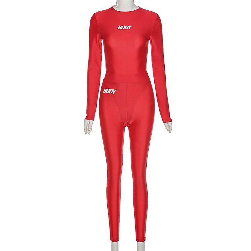 

Women Letter Print Two Piece Outfits Sporty Long Sleeve Bodysuits+leggings Stretchy Casual Activewear Streetwear Skinny Outfit