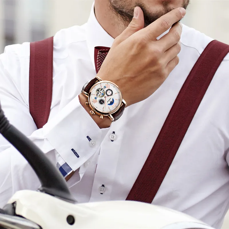 

Men Tourbillon Automatic Mechanical Watch Luxury Brand Stainless Steel Waterproof Sports Leather Watches Self-Wind Wristwatch