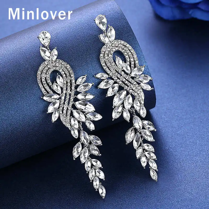 Minlover-pendientes largos con diamantes de imitación para mujer, aretes sin Piercing, con Clip, para boda, fiesta, graduación, regalo
