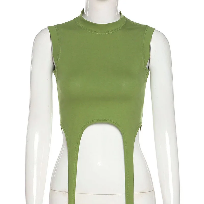 

MissThalia Aesthetics Bandage O-Neck Green Crop Tops Y2K Streetwear Sleeveless Cut Out Tanks Tops Summer Vintage Outfits Punk