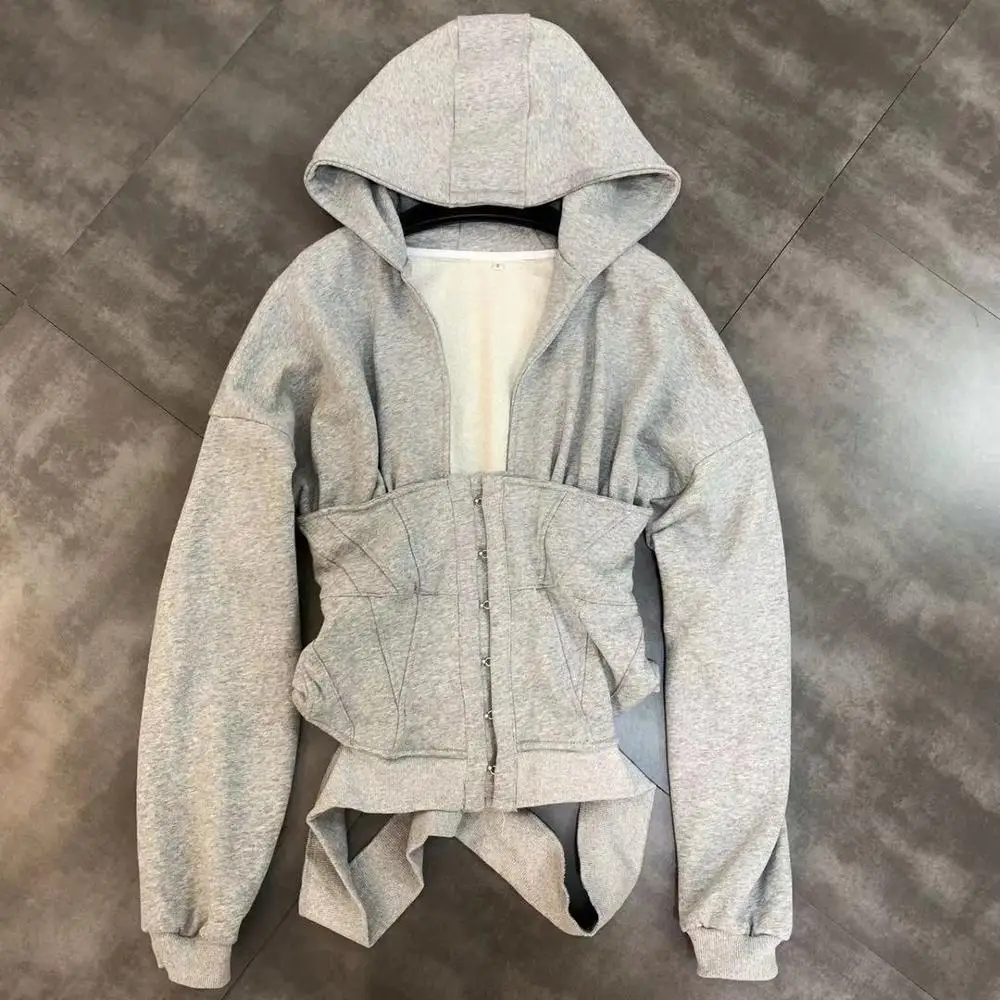 Осенняя толстовка на молнии Женская тонкий серый корсет модная спортивная