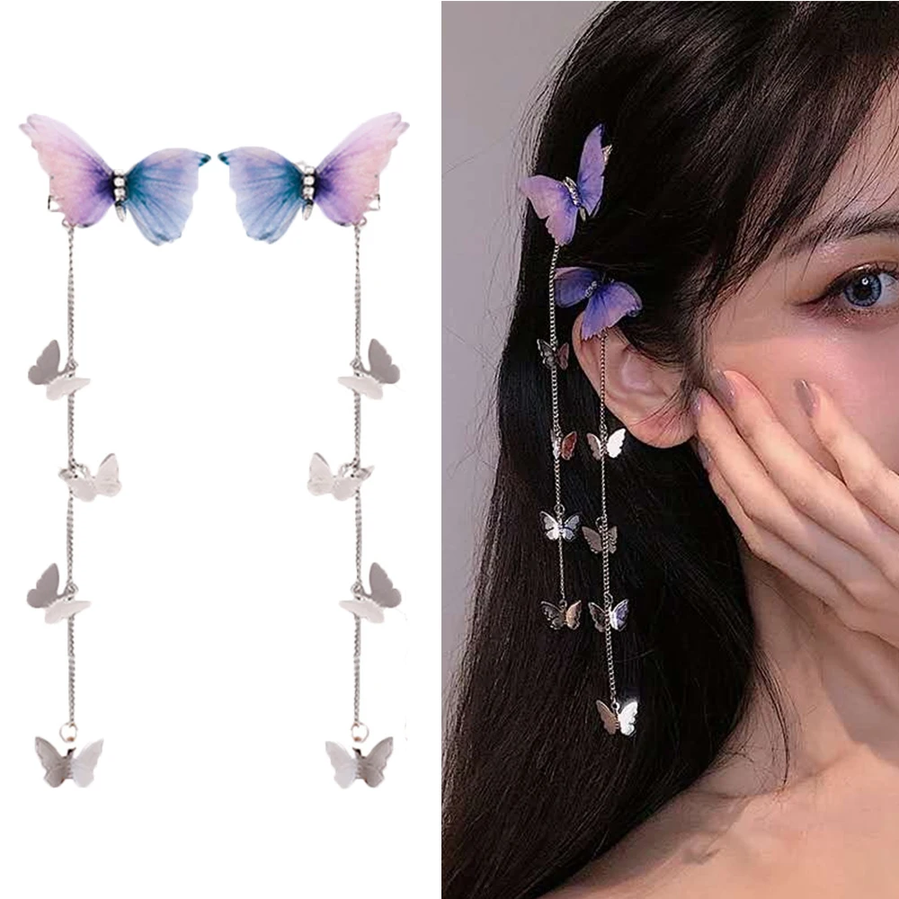 Butterfly Hairpins New Korean Yarn Elegant Metal Tassel Long Hair Clips For Women Hanfu Antique Party Hair Accessories