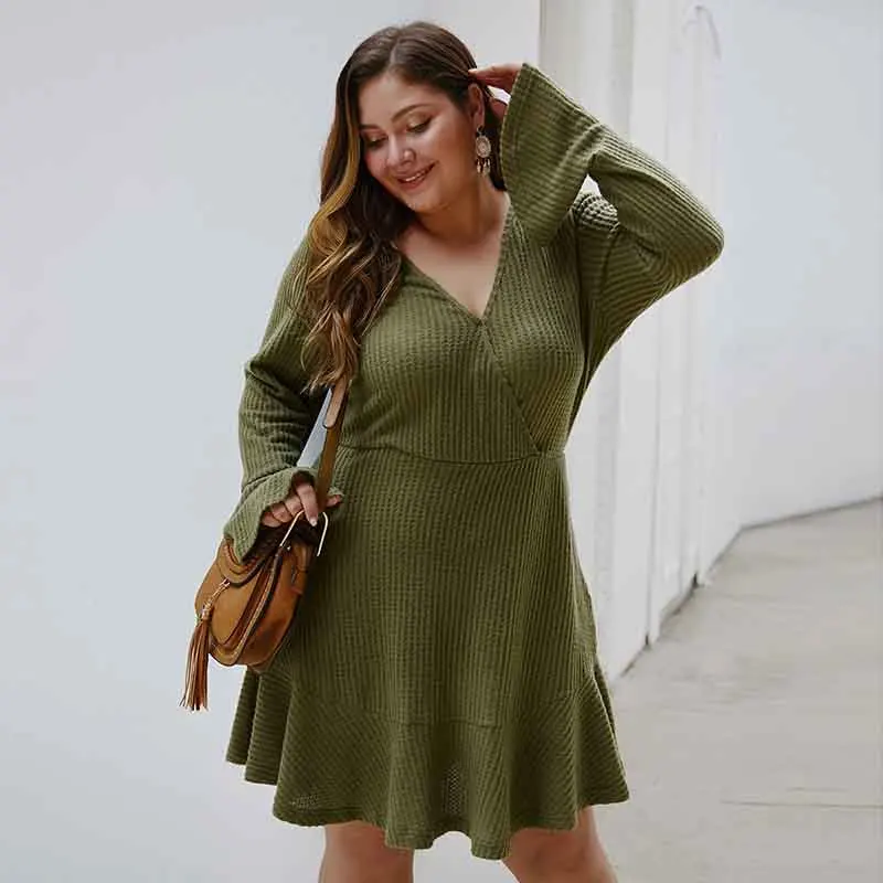 Мода Большой размер 2019 Осень Зима Женское однотонное платье с длинным рукавом