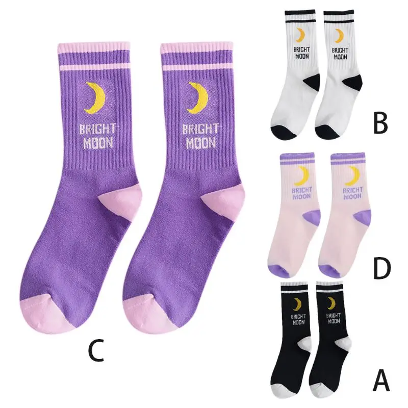 

Men Men Women Harajuku Hip Hop Autumn Elastic Rib Trim Long Crew Socks New Moon Letters Stripes Printed Couples Cotton Tube 4