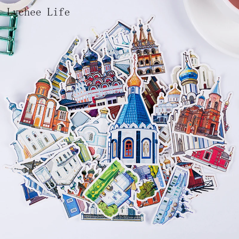 

Lychee Life 57Pcs Vintage European Architecture Printed Paper Stickers Srapbooking Hand Account Paper Crafts Diy Diary Ablum