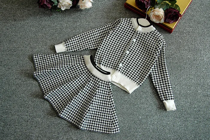 

NEW Spring Children's Fashion Outfit Girls Clothes Plaid Knitted 2pcs Set Kids Long-sleeved Sweater Cardigan Skirt Toddler