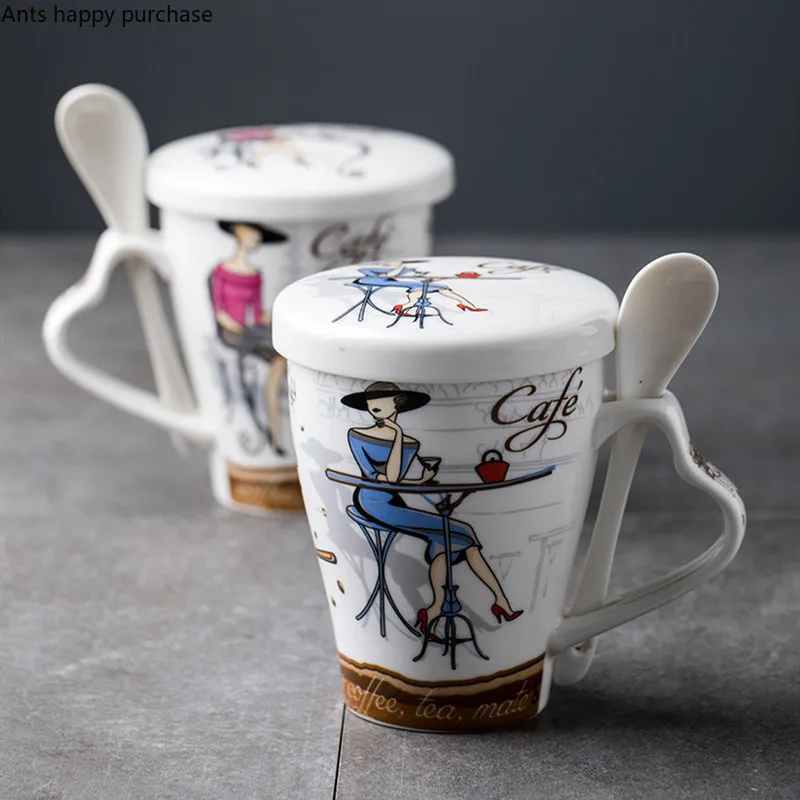 Женская керамическая кружка с крышкой и ложкой Офисная кофейная чашка в