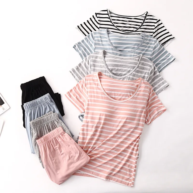 Summer Women Modal Homewear Female Pajamas Sets Plus Size Sleepwear Suits Short-Sleeve 2Pieces Pink Striped Pijama With Bra Pad