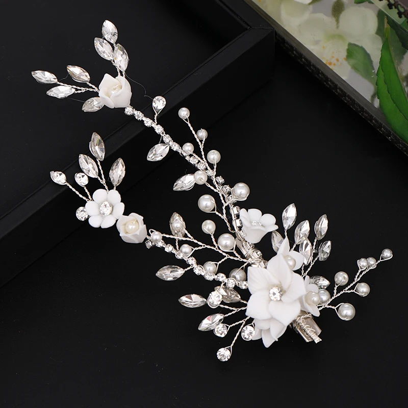 New Silver Color Crystal Barrettes Pearl Rhinestone Flowers Hairgrips For Wedding Bride Women Tiara Hair Clips Accessories | Украшения и