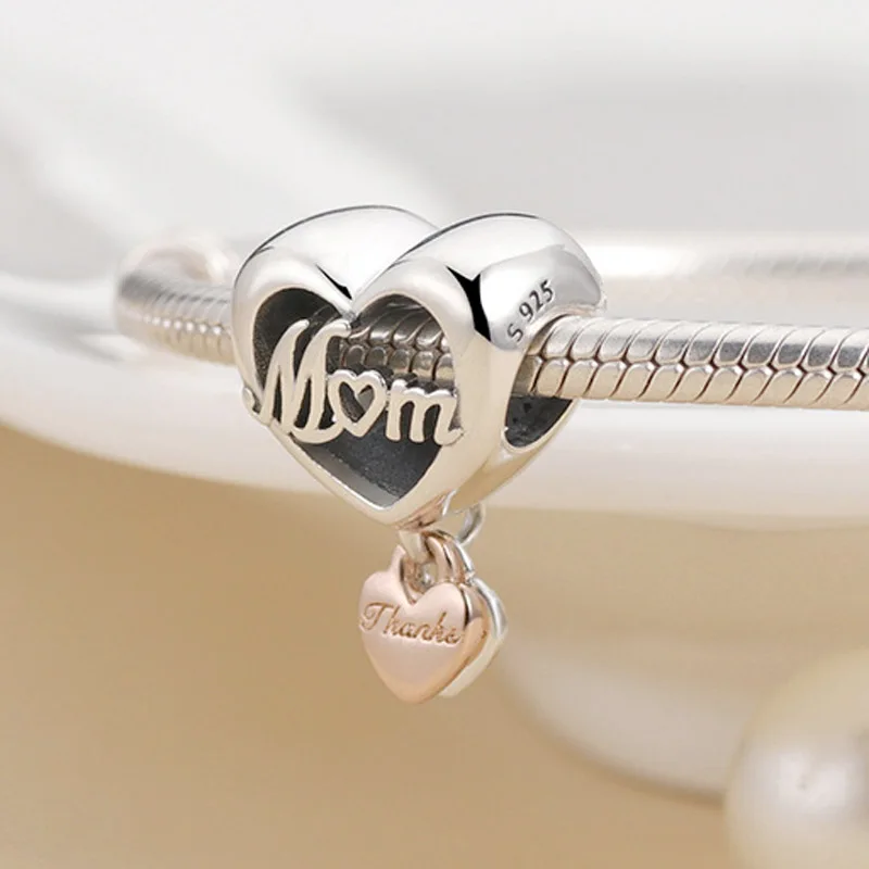 Оригинальный подвесной бусинный сердечный кулон "Спасибо, мама" с открытым рисунком розы, подходит для браслета-браслета из стерлингового серебра 925 пробы, европейского стиля, украшений Diy.