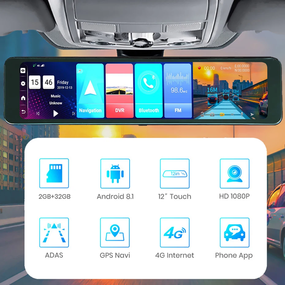 Русский язык Зеркало-видеорегистратор ANTCAM 12 дюймов 4G Android 8 1 GPS-навигация 2 Гб ОЗУ 32