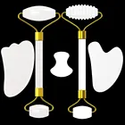 Нефритовый роллер Guasha скребок для доски, набор из роликовый лицевой натурального белого кварца для массажа лица, Инструмент Для Массажа Гуаша, камень, массажер для лица