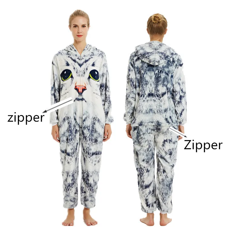 Новая Фланелевая пижама кигуруми с 3D кошкой на молнии рисунками животных для