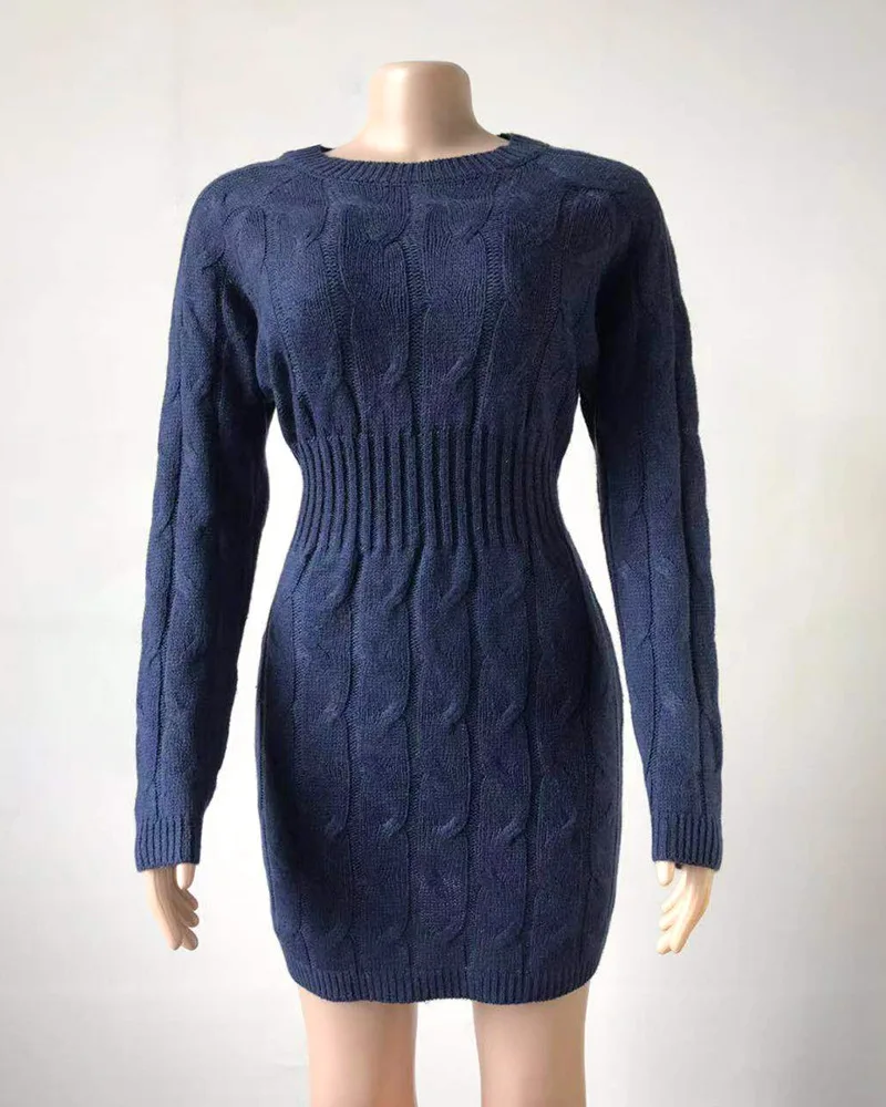 Осень-зима 2019 женское платье свитера вязаный пуловер с круглым вырезом и длинным