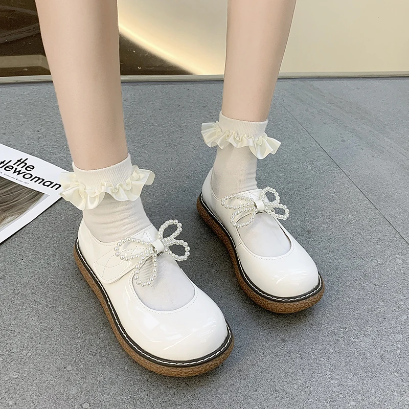 

Casual Woman Shoe All-Match Female Footwear Bow-Knot Round Toe Oxfords Dress Retro Butterfly Leather Nurse Comfortable Hook & Lo