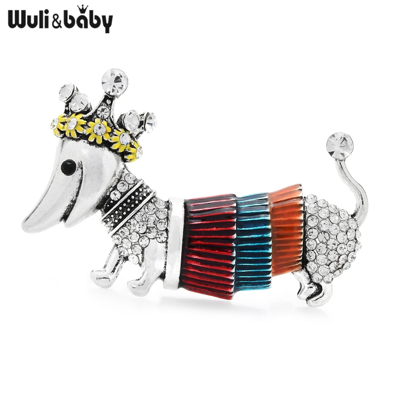 

Wuli&baby Crown Sweater Dachshund Dog Brooch Enamel Pins Women Fashion Jewelry Badge Brooches Gift 2021 New Deisgner Jewelry