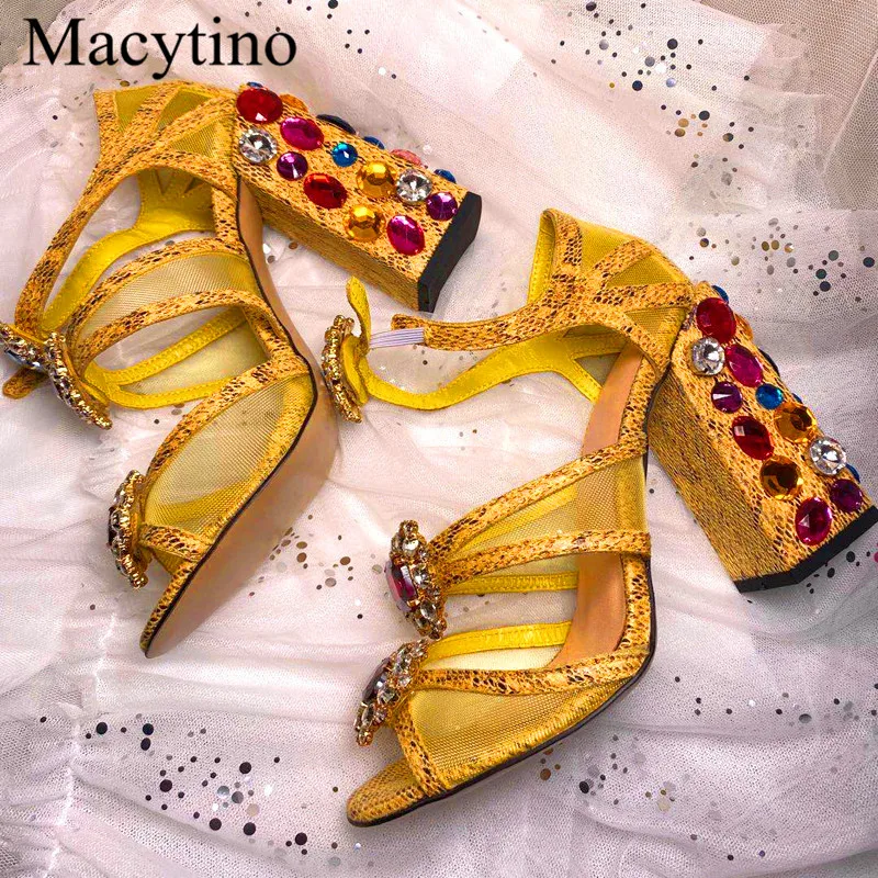 

Rhinestone gladiator Sandals women Diamond Beaded chunky high heels elegant Crystal bling Party Wedding summer Shoes