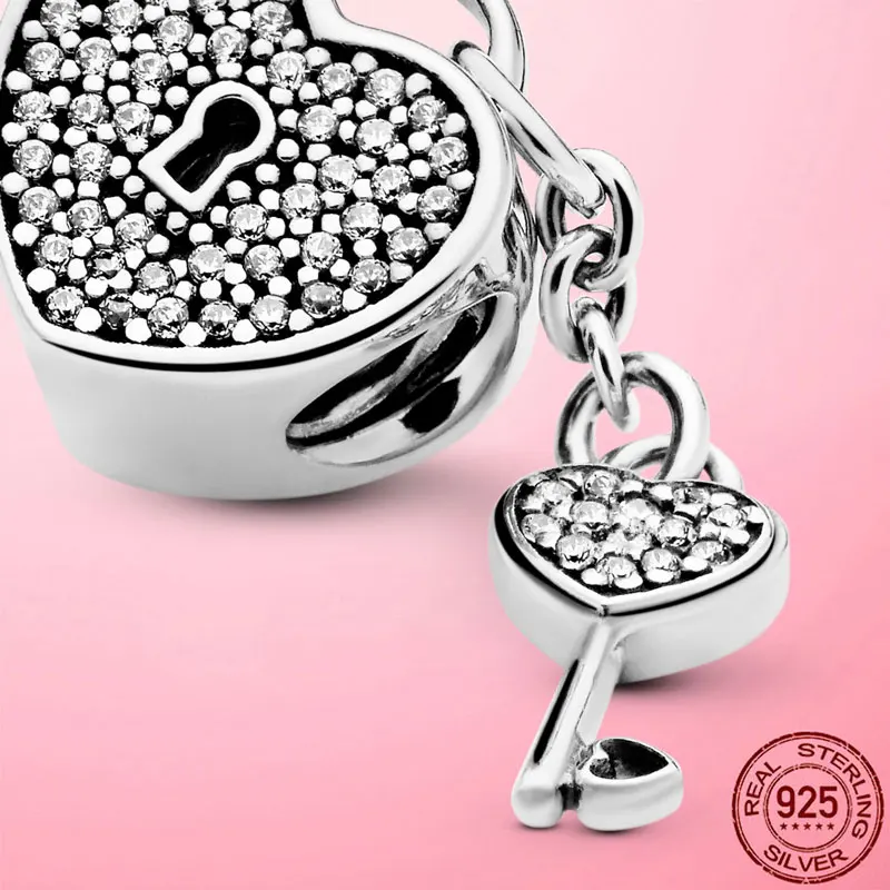 

Girlfriend Gift Real 925 Sterling Silver Love Heart Lock Key Charms Beads fit Original Pandora Charm Bracelet Silver 925 Jewelry